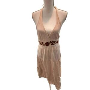 Vintage Y2K Hourglass Womens Beige Sweetheart Halter Maxi Dress M Embroidered